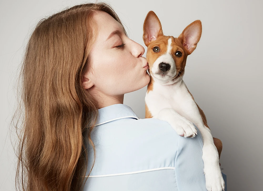 A young woman with long brown hair, dressed in a light blue top, kisses a small brown and white puppy on the cheek. The puppy looks directly at the camera with its ears perked up. They are against a plain white background, exuding the tender affection often seen between a devoted vet and her patient.